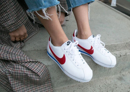 iconic Nike Classic Cortez Leather in the classic white, varsity red, and varsity royal colorway