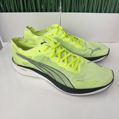 Puma Liberate Nitro 2 Run 75 Running Shoes in a neon yellow colorway with metallic bronze heel branding