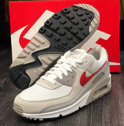 The Nike Air Max 90 Essential 'Beige Chalk/University Red', featuring