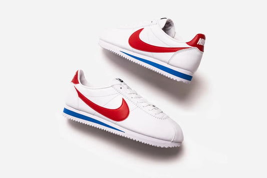 iconic Nike Classic Cortez Leather in the classic white, varsity red, and varsity royal colorway
