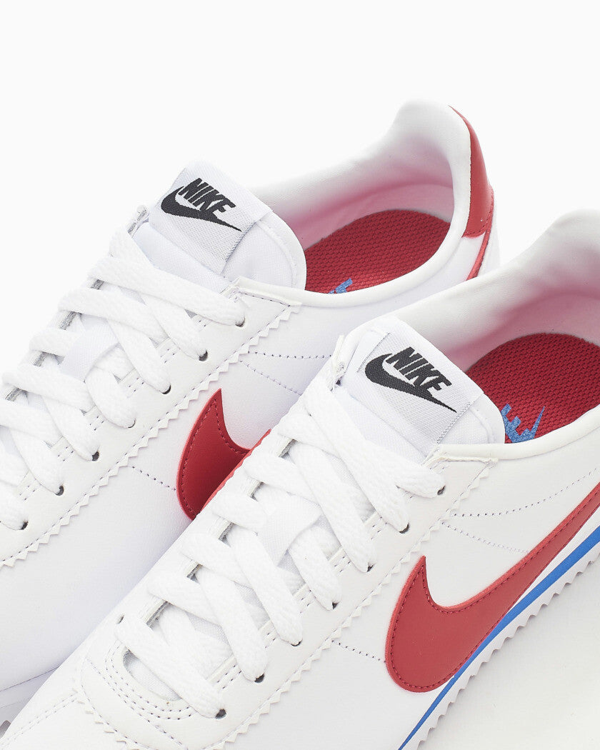 iconic Nike Classic Cortez Leather in the classic white, varsity red, and varsity royal colorway