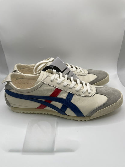 Onitsuka Tiger Mexico 66 Deluxe Nippon Made sneakers in white, blue, and red.