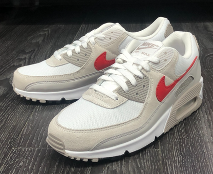 The Nike Air Max 90 Essential 'Beige Chalk/University Red', featuring