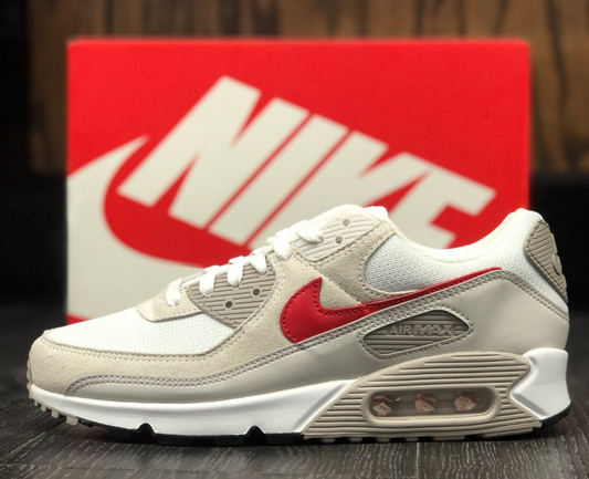 The Nike Air Max 90 Essential 'Beige Chalk/University Red', featuring